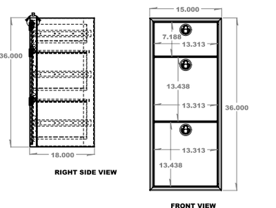 15" Three Drawer Base Cabinet: 15" Length x 18" Deep x 36" Height