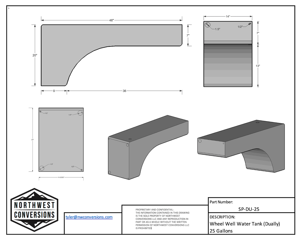 Northwest Conversions 25 Gallon Dually Wheel Well Water Tank Sprinter or Transit SP-DU-25