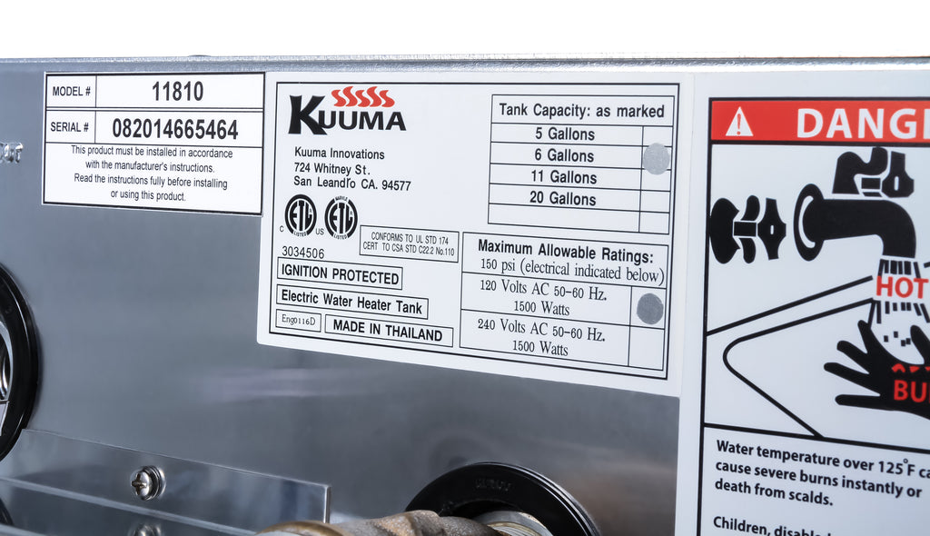 Kuuma 11810 6 Gallon Water Heater - 120v Front Heat Exchanger, L1&N Wiring