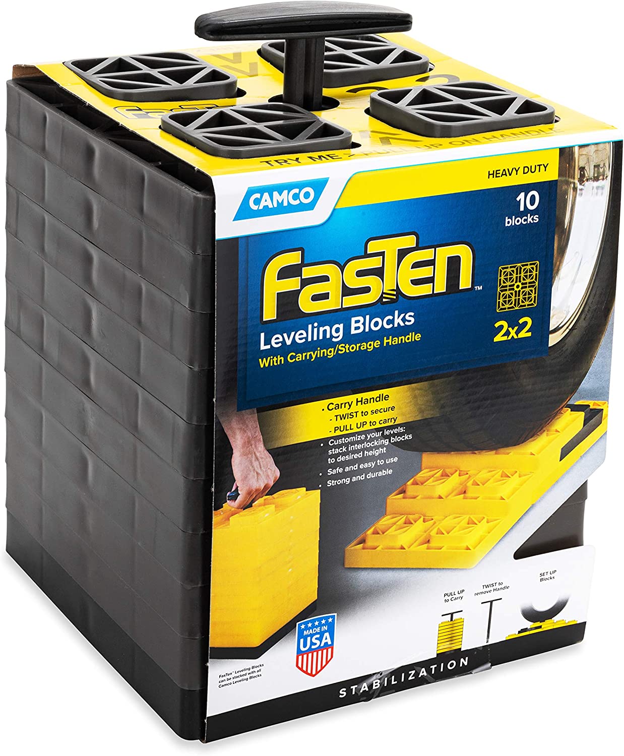 Camco 44521 FasTen Leveling Blocks - w / T-Handle,2x2,Brown 10 pack Bilingual