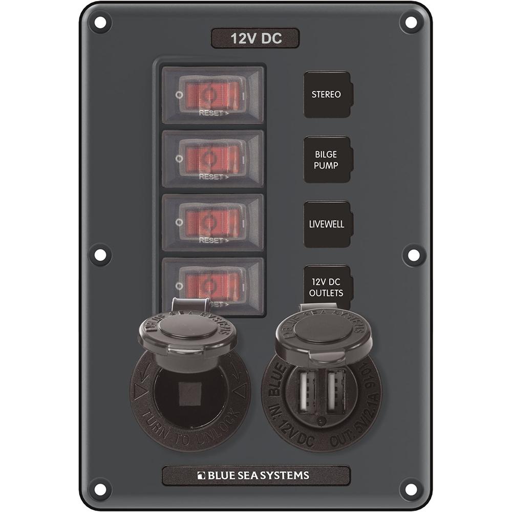 Blue Sea 4321 Water-Resistant 12v 4 Circuit Breaker Switch Panel With 12v Socket And Dual Usb